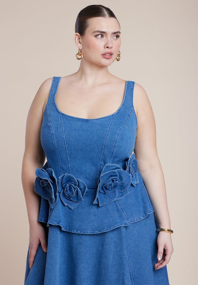Denim Flower Applique Mini Dress image number 2