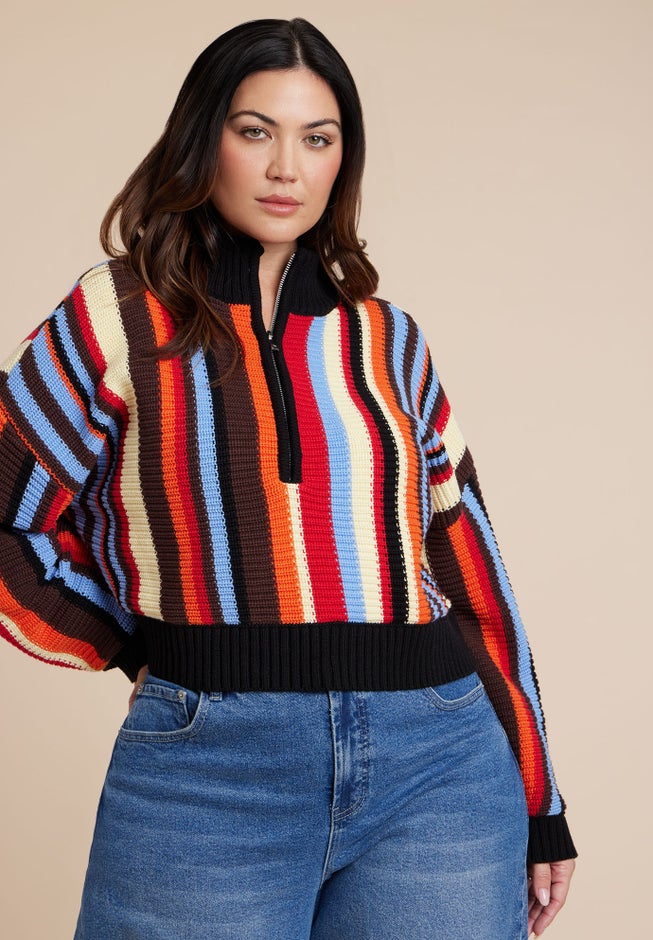 Striped Zipper Front Pullover image number 1