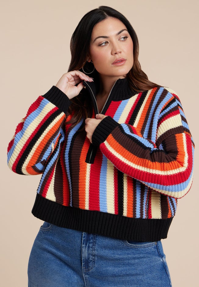 Striped Zipper Front Pullover image number 2