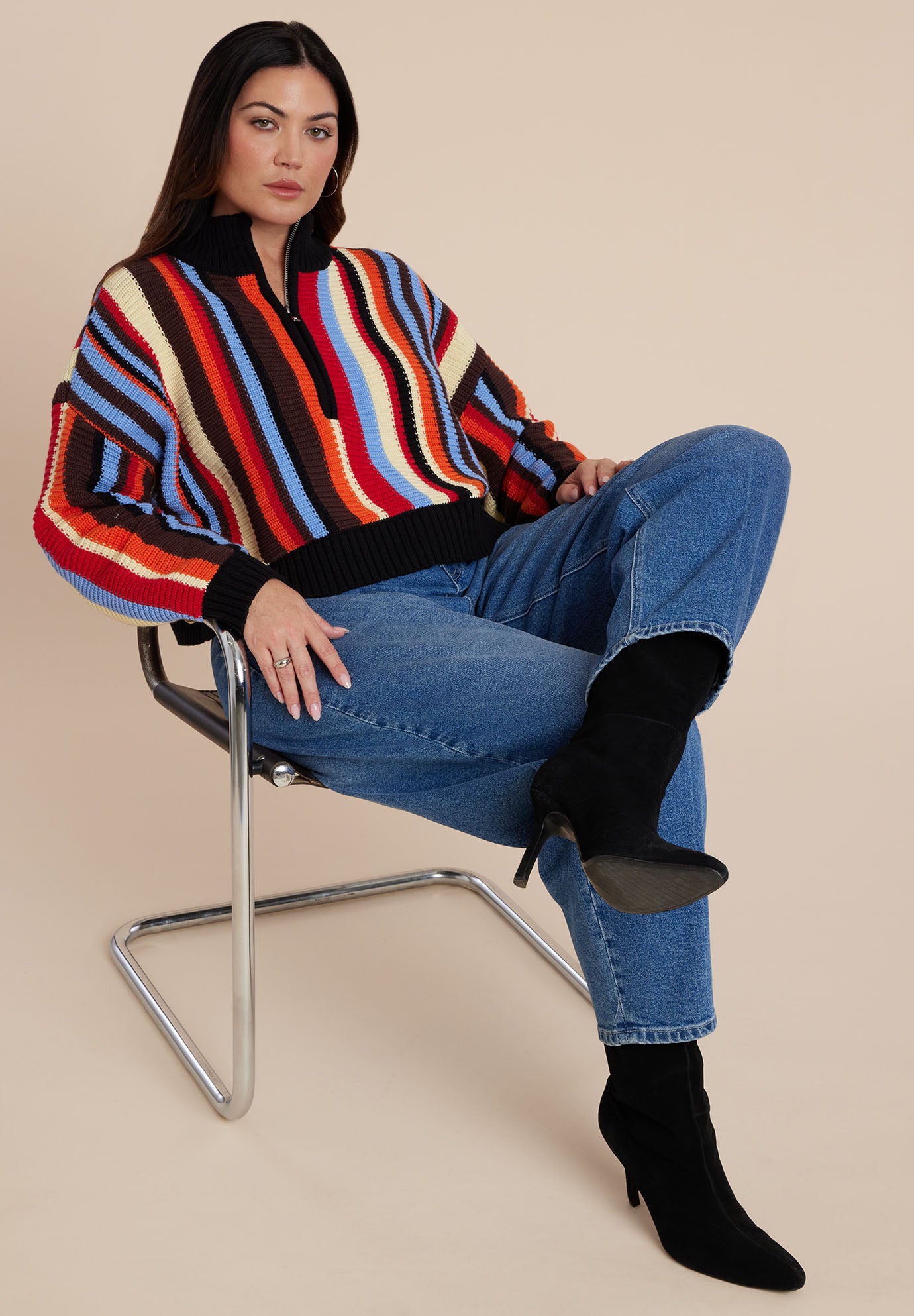 Striped Zipper Front Pullover image number 4