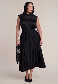 Pleated Satin Midi Skirt