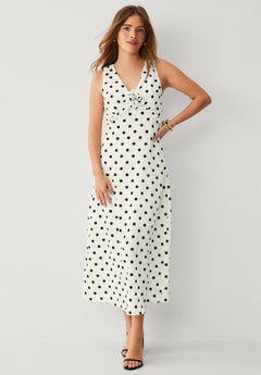 aldina dotted chiffon fit and flare dress in white White Polka Dot Retro One Shoulder Chiffon Midi Dress, White / S