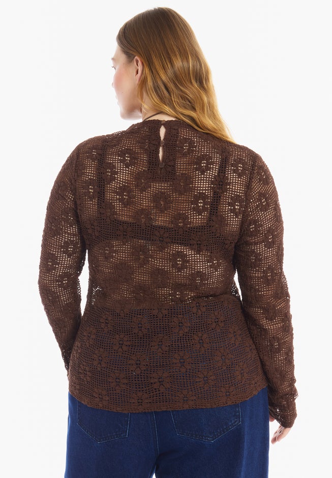Floral Lace Mesh Funnel Neck Top image number 2
