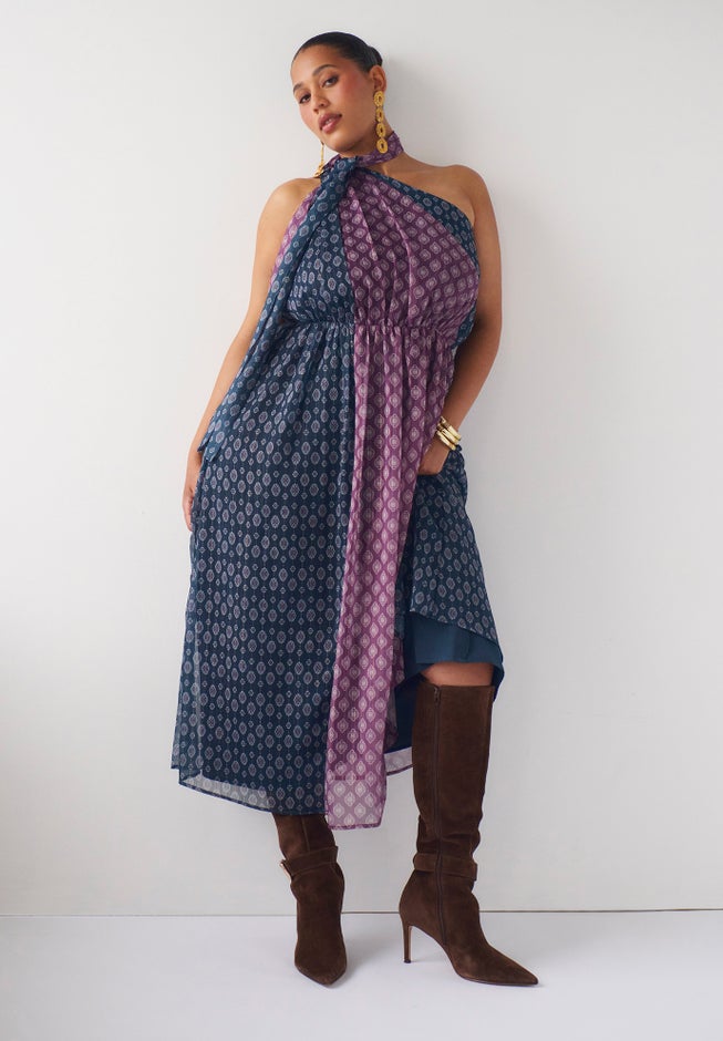One-Shoulder Chiffon Maxi Dress With Neck Tie image number 3
