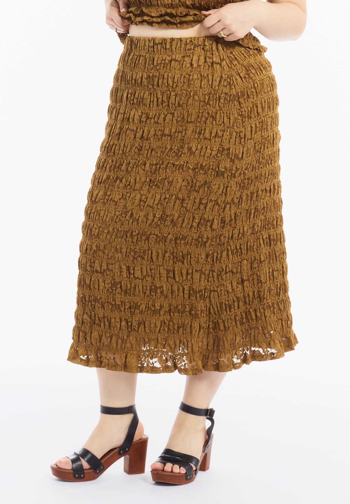 Smocked Lace Knit Midi Skirt image number 1