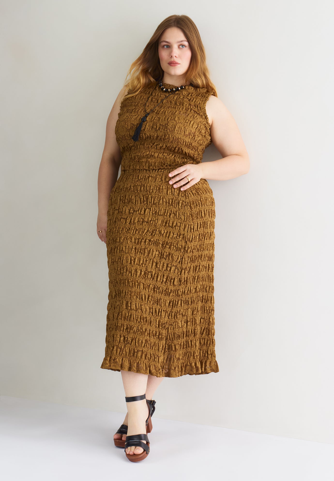 Smocked Lace Knit Midi Skirt image number 3