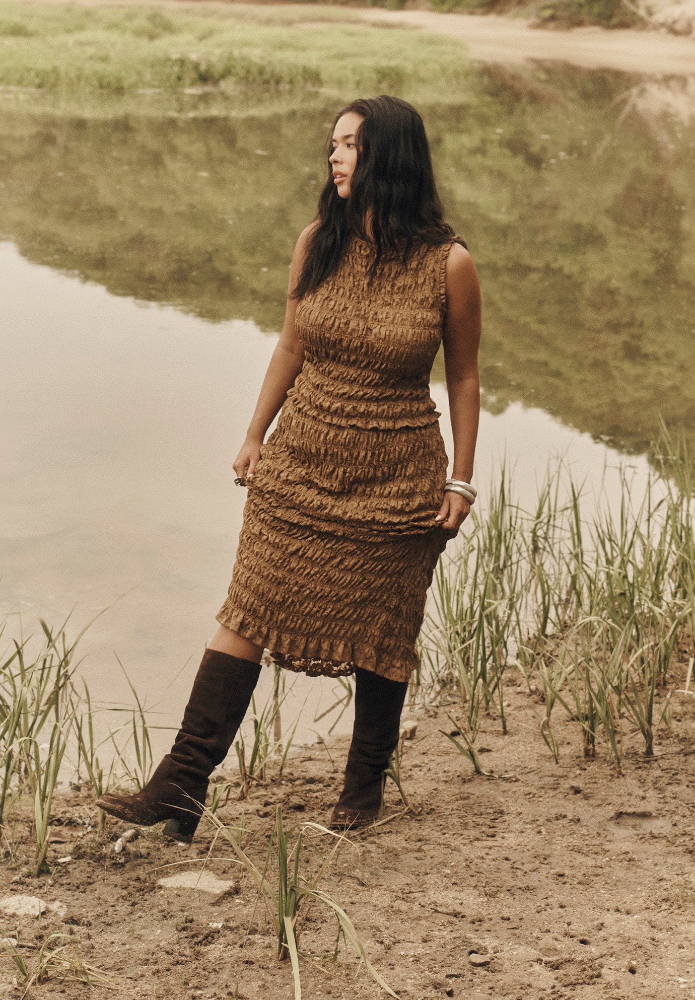 Smocked Lace Knit Midi Skirt image number 4