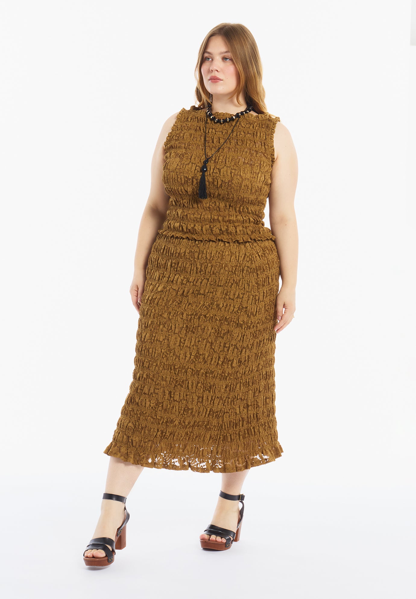 Smocked Lace Knit Midi Skirt image number 0