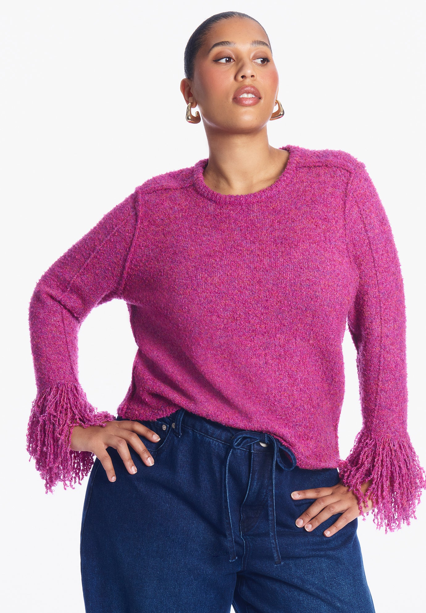 Fringe-Trim Boucle Cropped Sweater image number 1