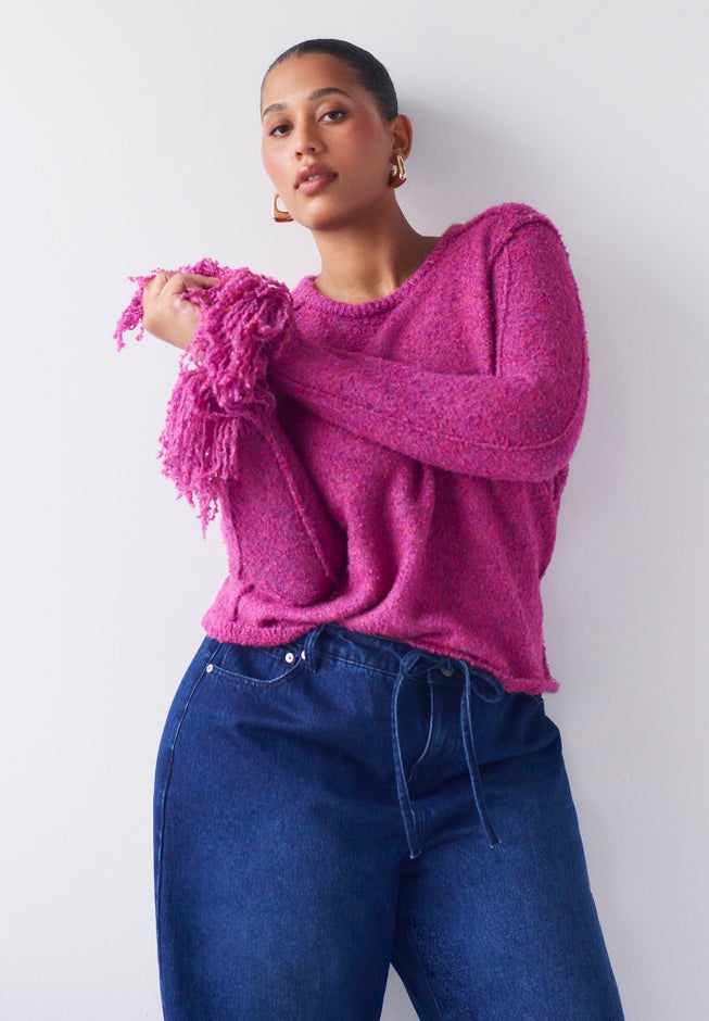 Fringe-Trim Boucle Cropped Sweater image number 3