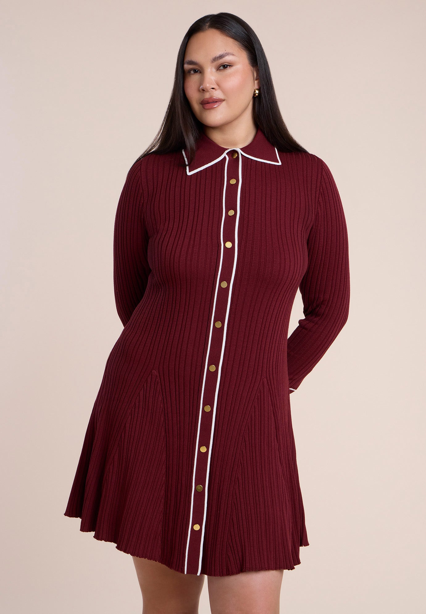 Tipping Detail Collared Sweater Mini Dress image number 2