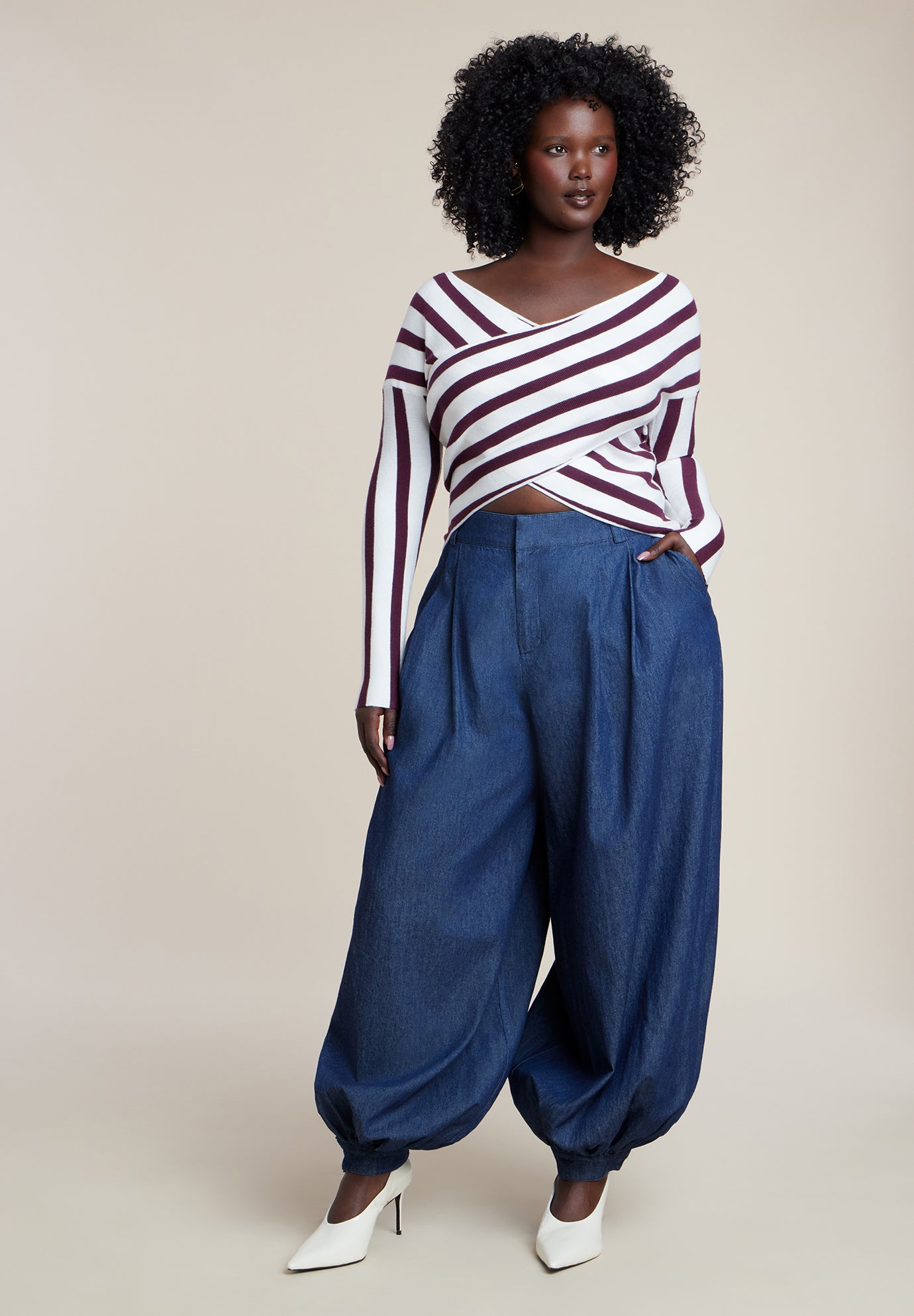 Striped Wrap Front Cropped Sweater image number 2
