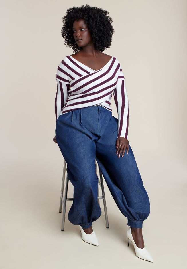 Striped Wrap Front Cropped Sweater image number 3