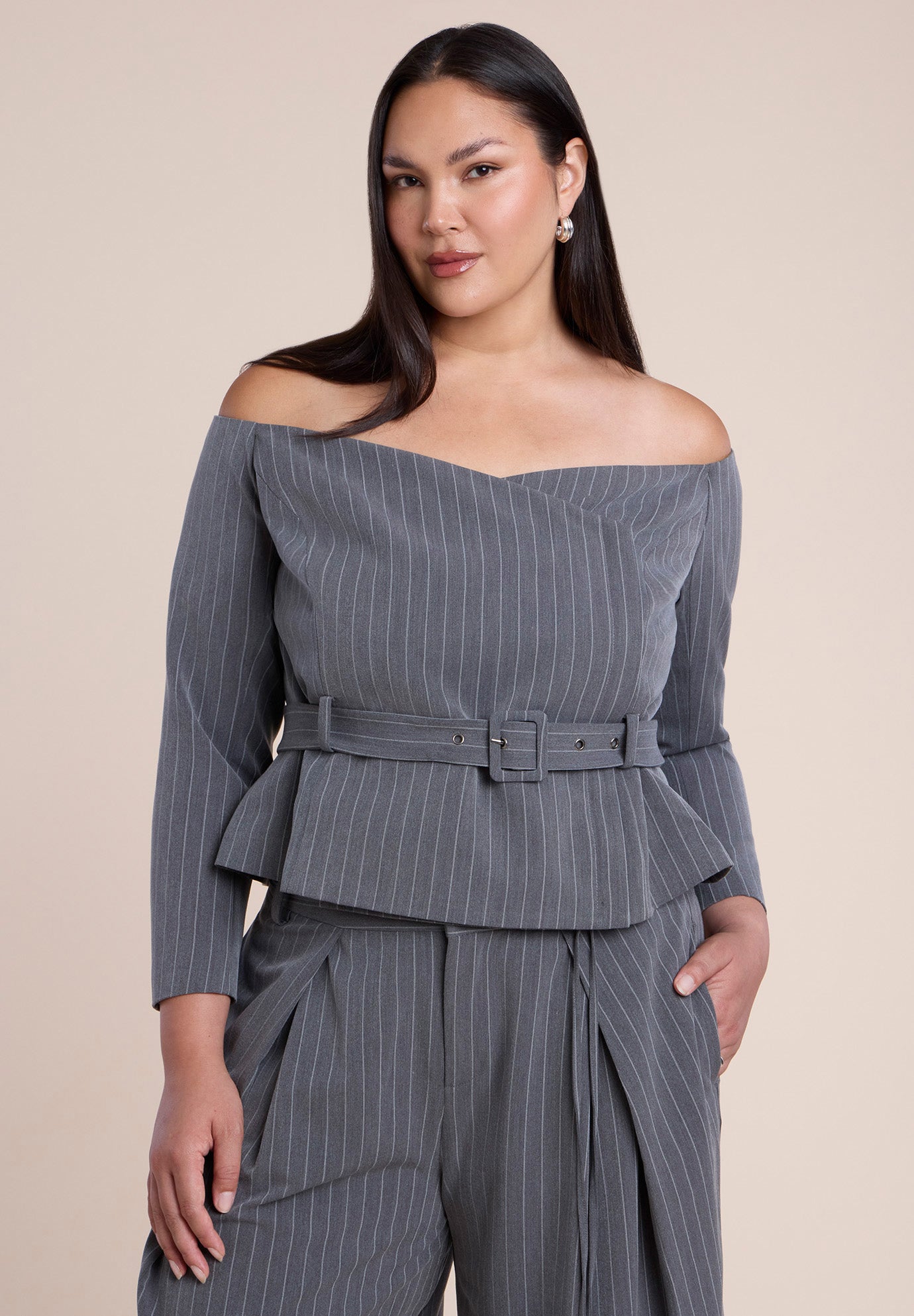 Off The Shoulder Belted Blazer Top image number 0