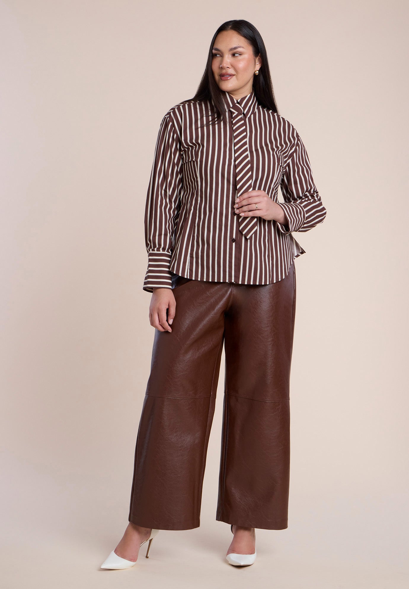 Striped Poplin Button Up Top With Tie image number 3