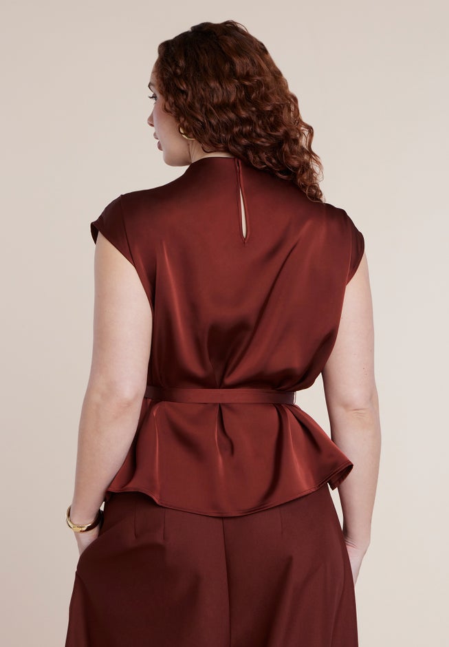 Satin Cowl Neck Belted Top image number 1