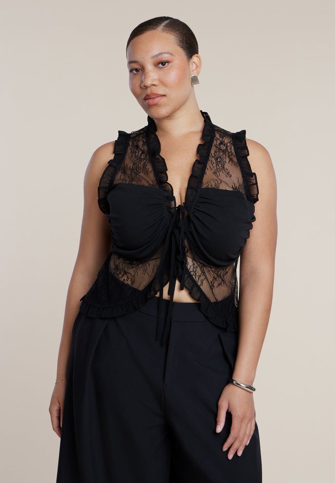 Ruffled Lace Top With Tie Detail image number 2