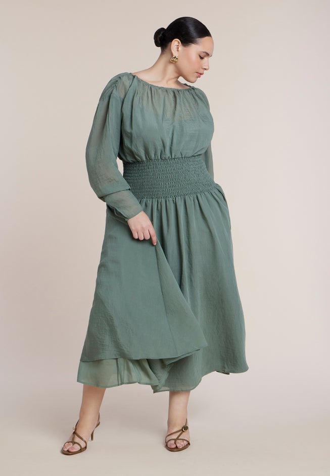 Dramatic Sleeve Smocked Midi Dress image number 1