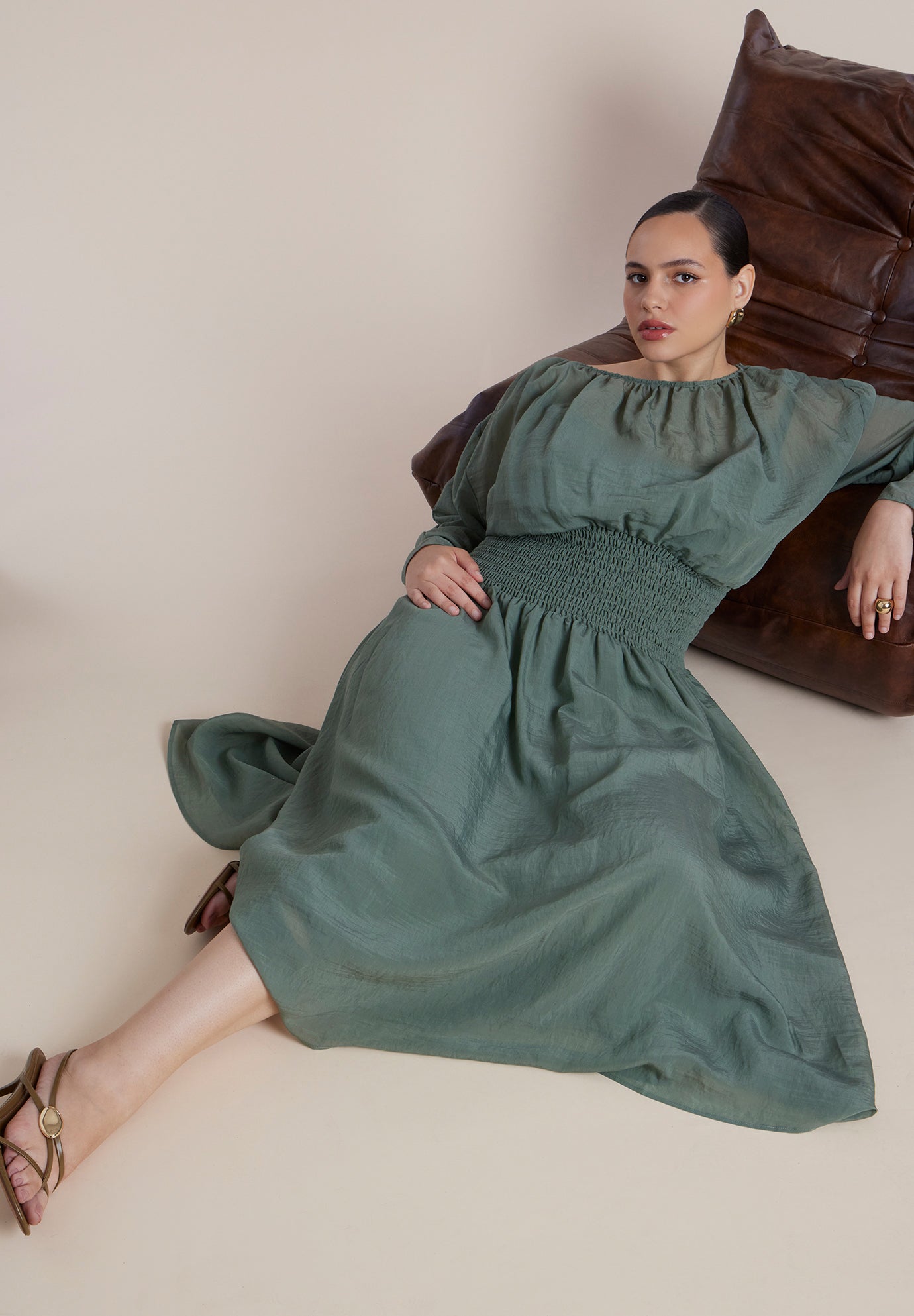 Dramatic Sleeve Smocked Midi Dress image number 4