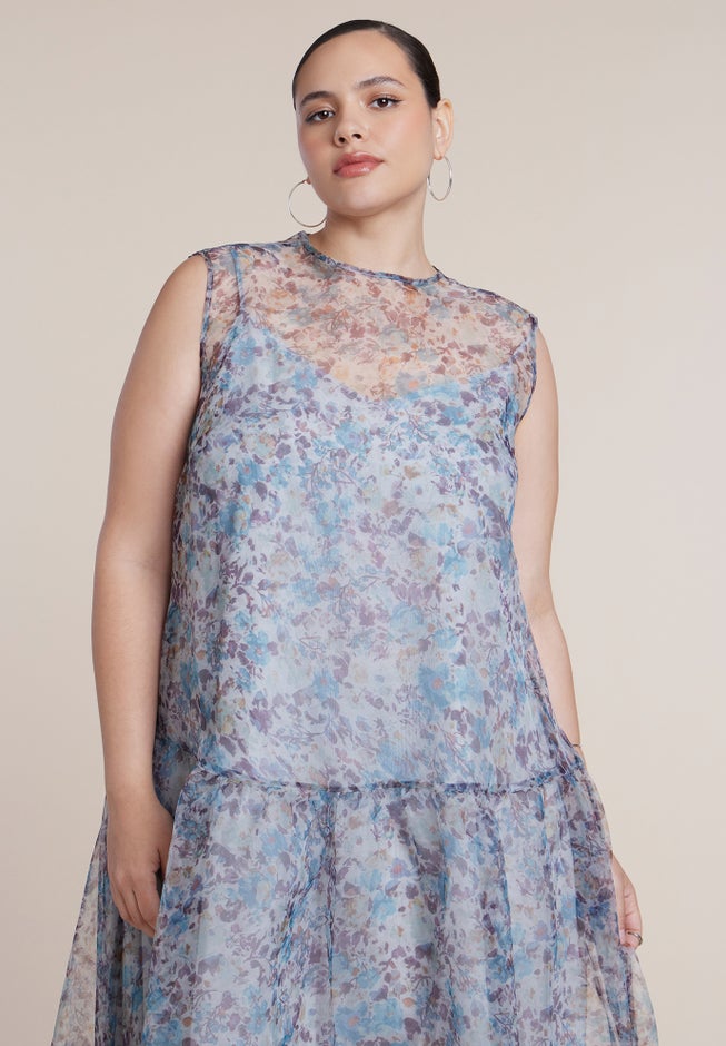 Printed Organza Drop Waist Midi Dress image number 3