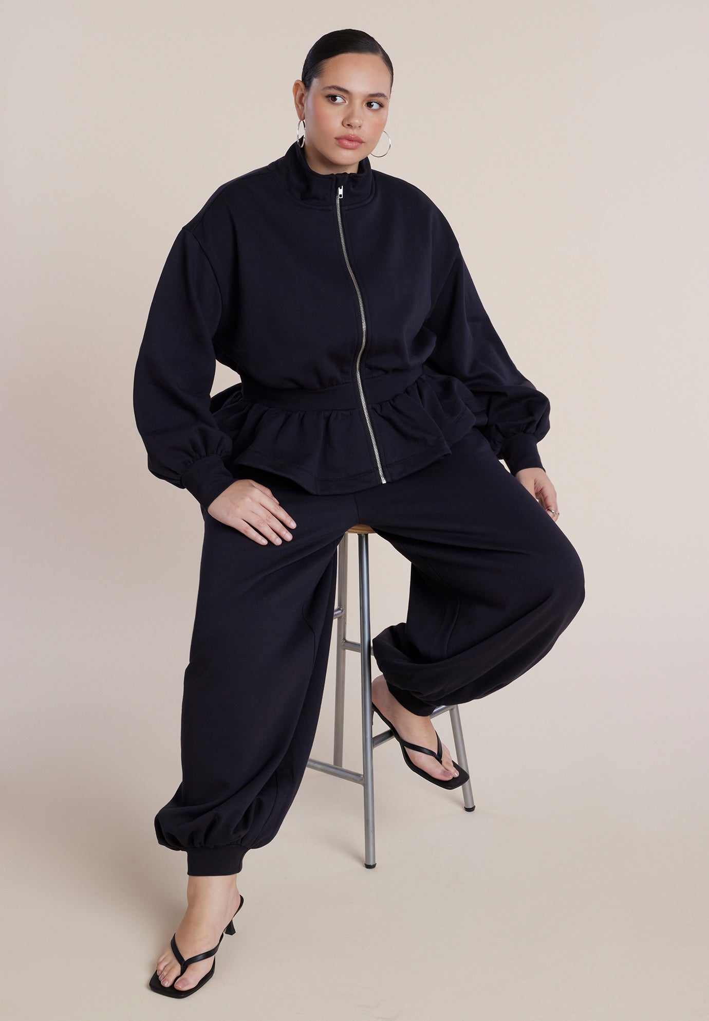 Cinched Zip-Front Peplum Sweatshirt image number 3