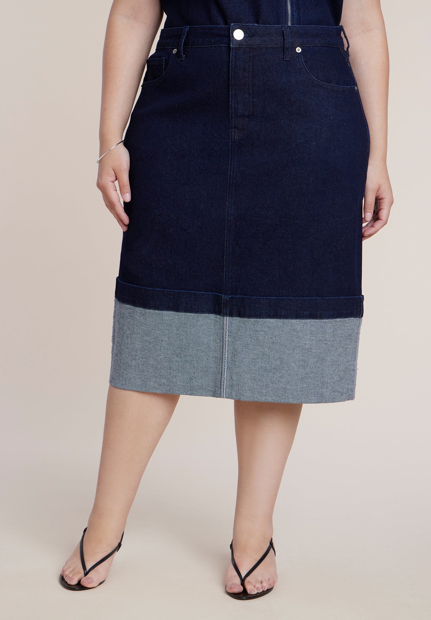 Cuffed Hem Stretch Denim Column Midi Skirt image number 1