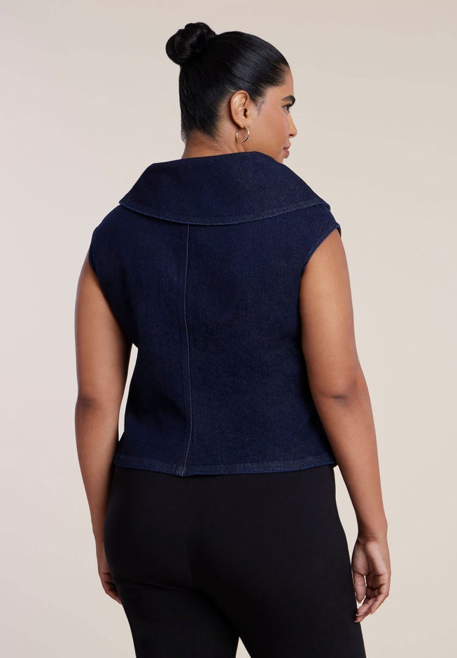 Asymmetric Zip-Front Stretch Denim Top image number 1