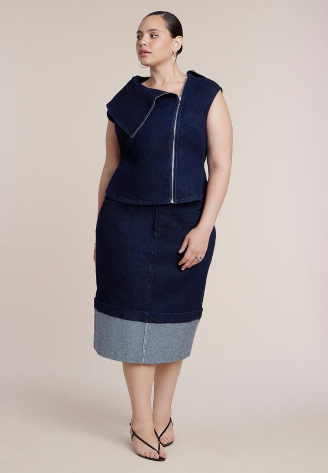 Asymmetric Zip-Front Stretch Denim Top image number 3