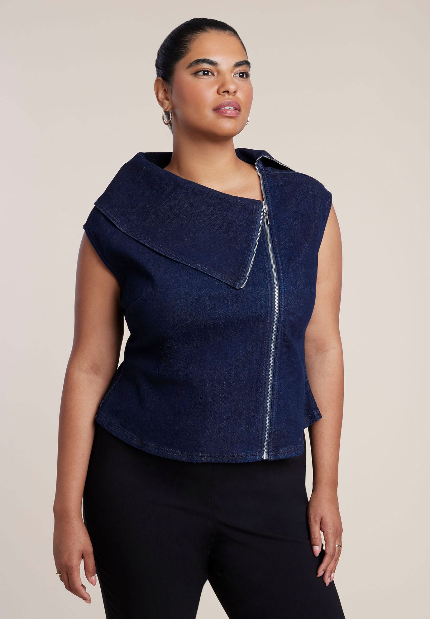 Asymmetric Zip-Front Stretch Denim Top image number 0