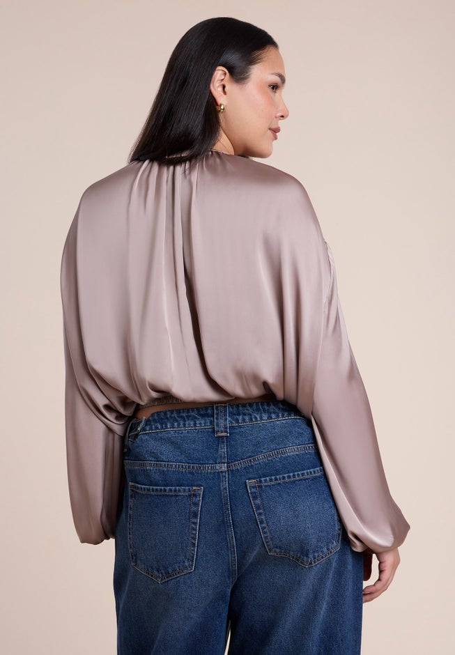 Satin Drawstring Peasant Blouse image number 1