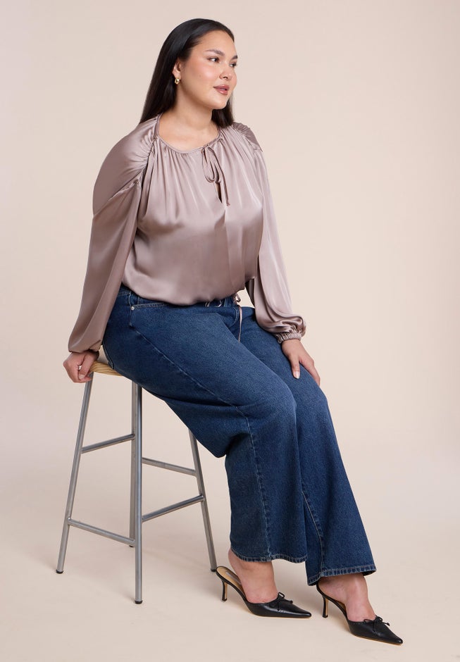 Satin Drawstring Peasant Blouse image number 3