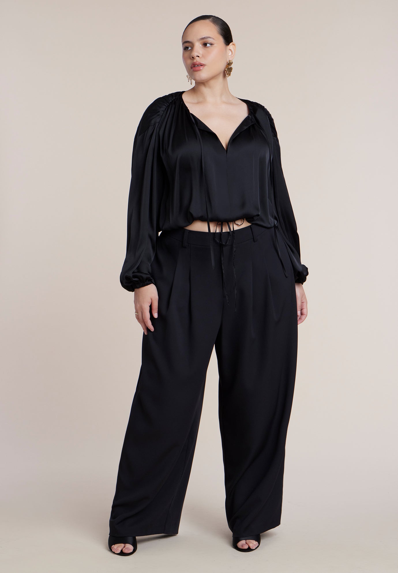 Satin Drawstring Peasant Blouse image number 2