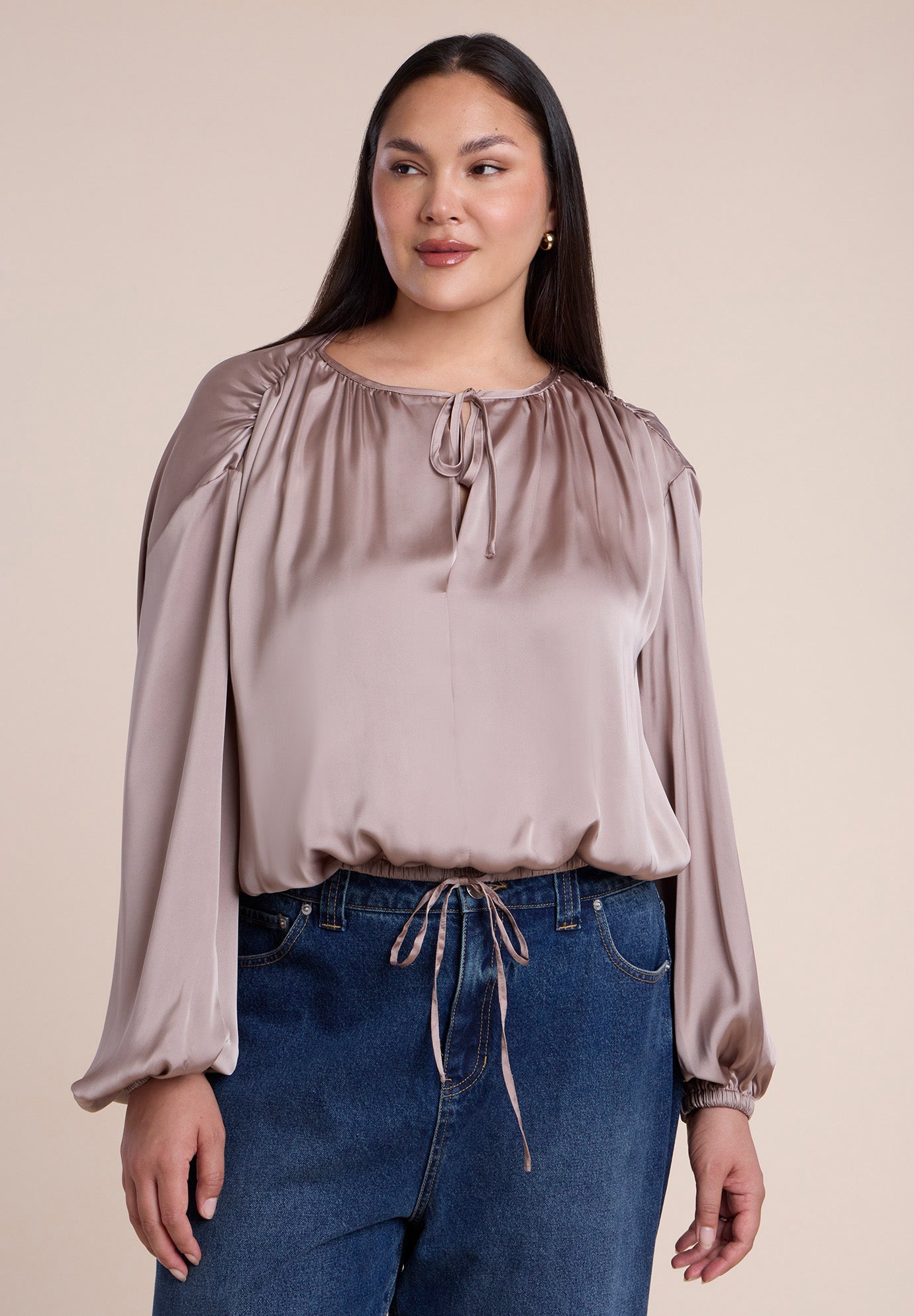 Satin Drawstring Peasant Blouse image number 0