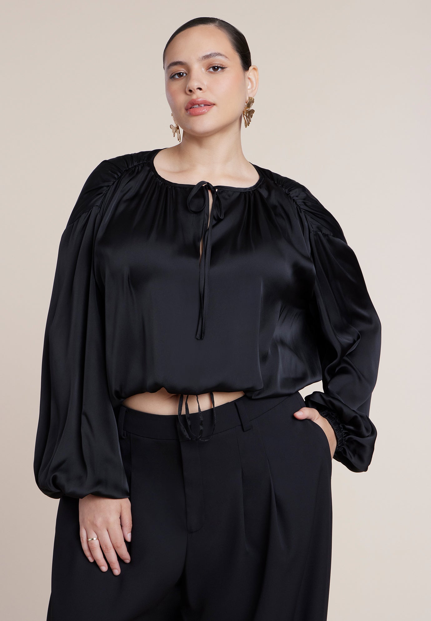 Satin Drawstring Peasant Blouse image number 0
