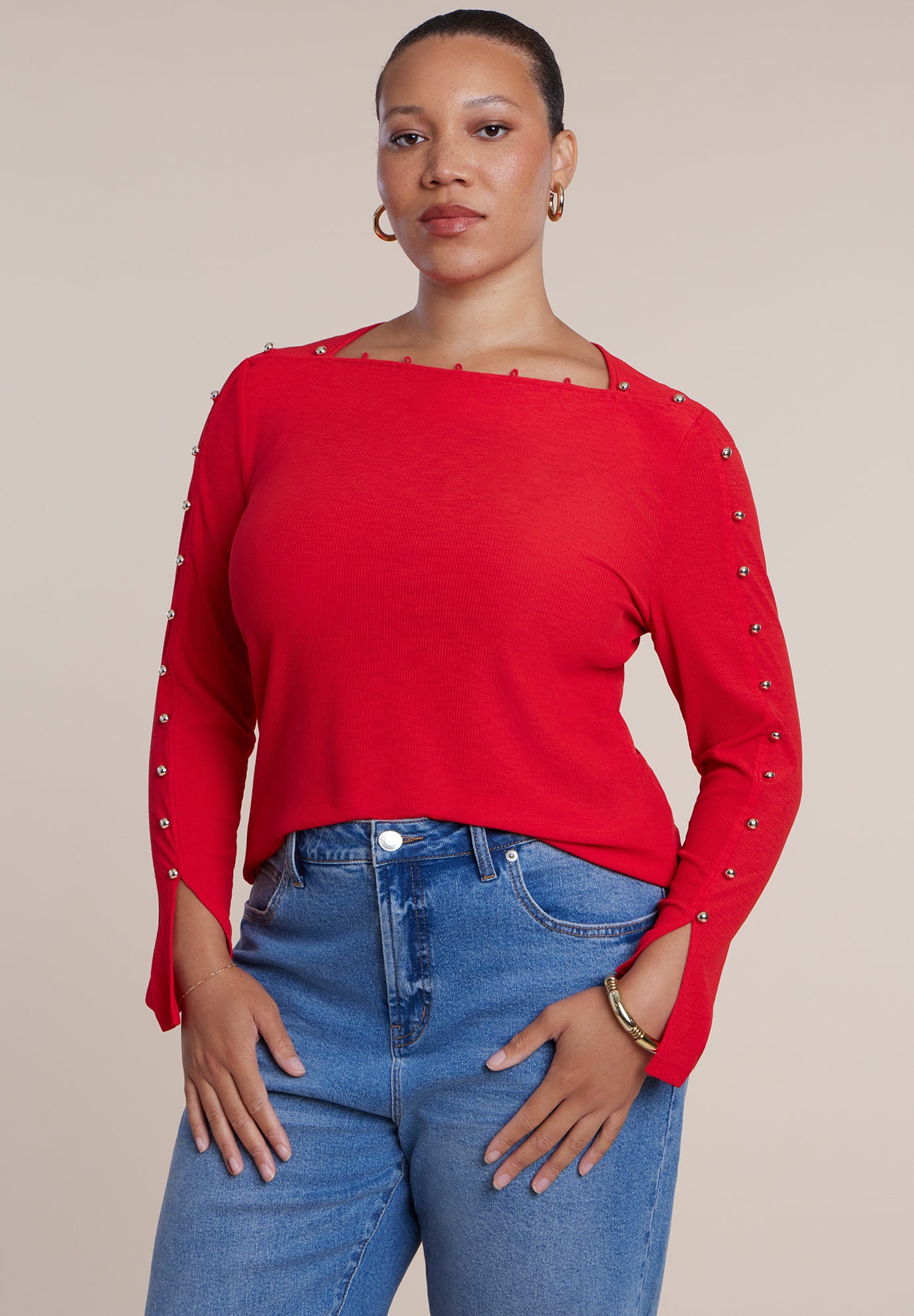 Button-Detail Square Neck Knit Top image number 0