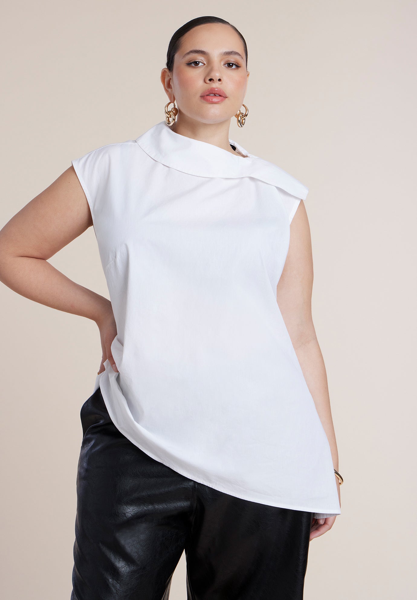 Poplin Asymmetric Draped Sleeveless Top image number 0