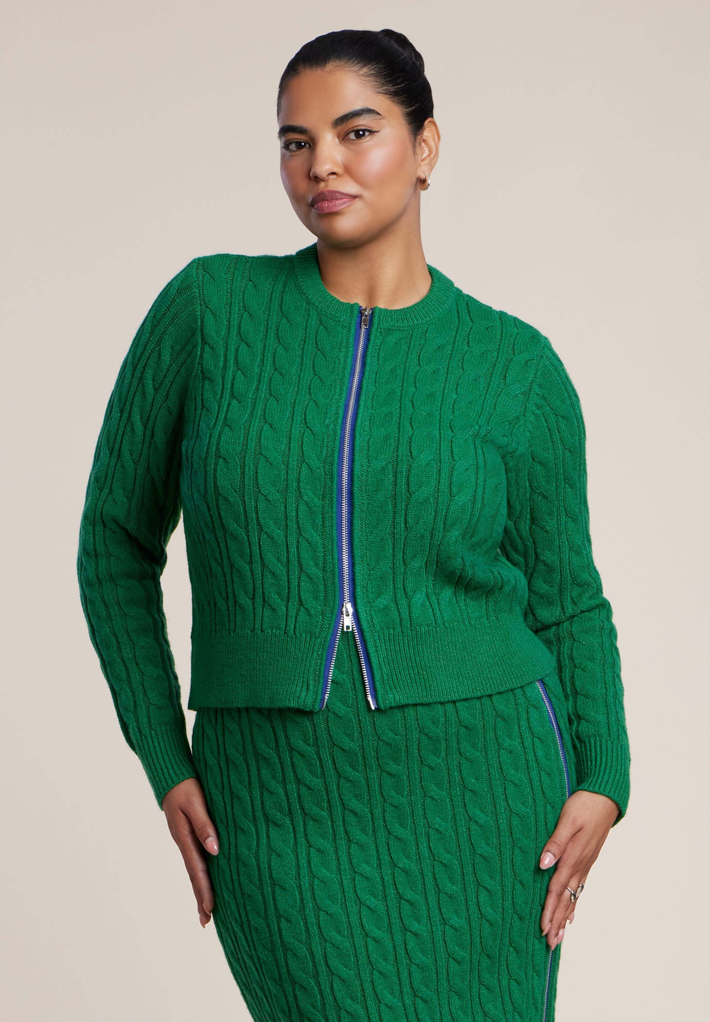 Contrast Zipper Cable Knit Cardigan image number 0