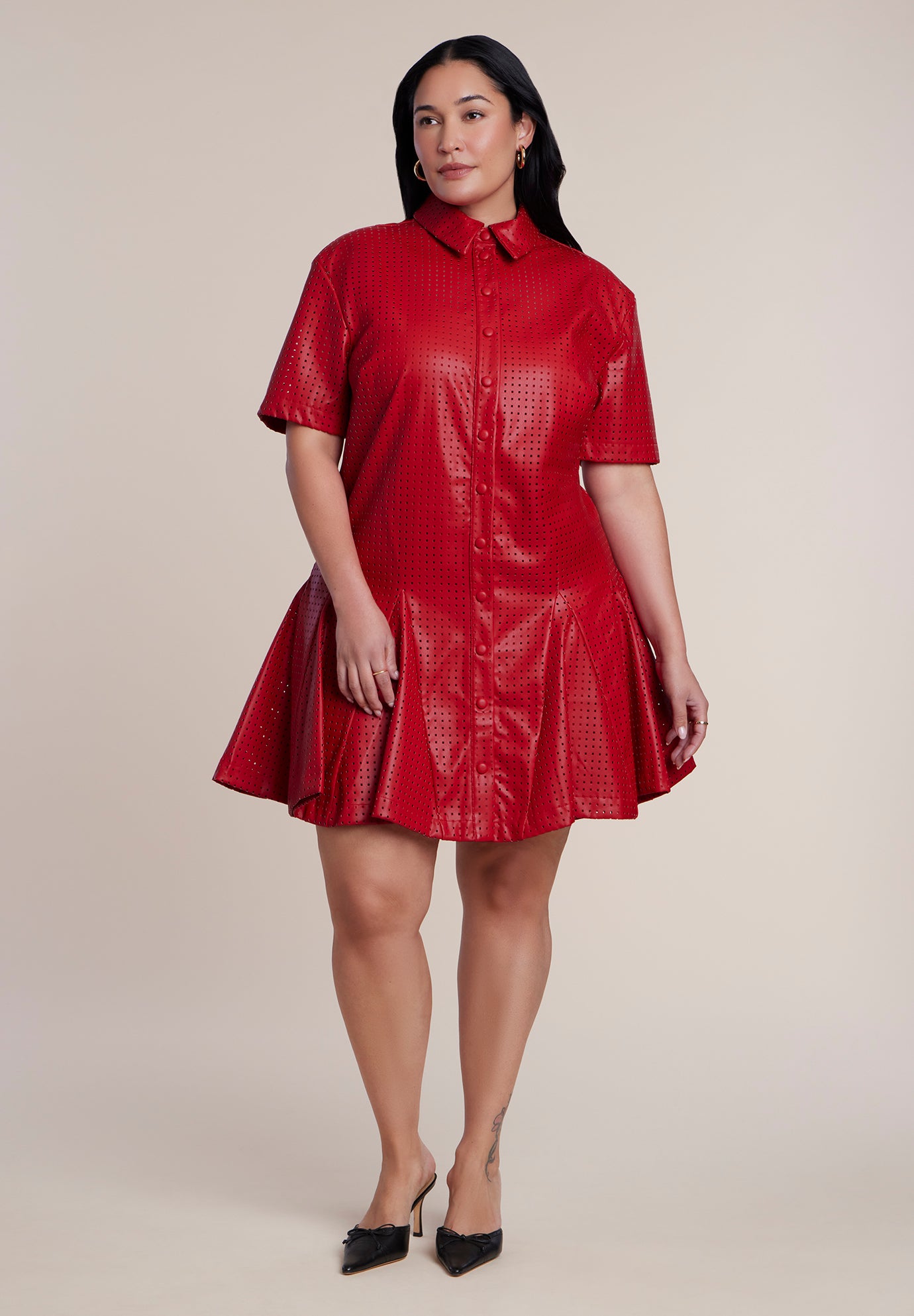 Perforated Faux Leather Mini Shirt Dress image number 0