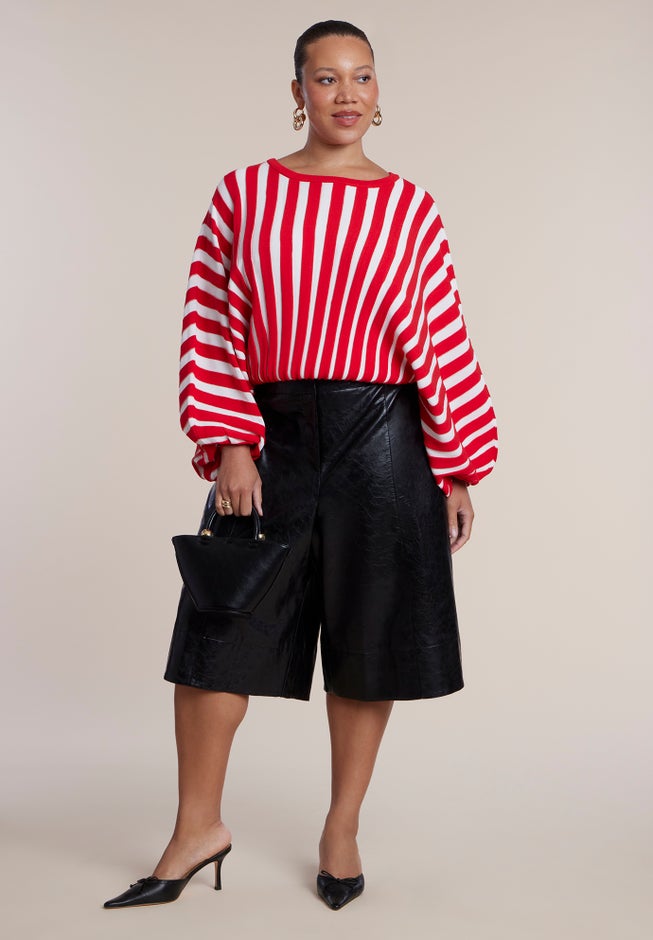 Cinch-Waist Striped Cropped Sweater image number 2