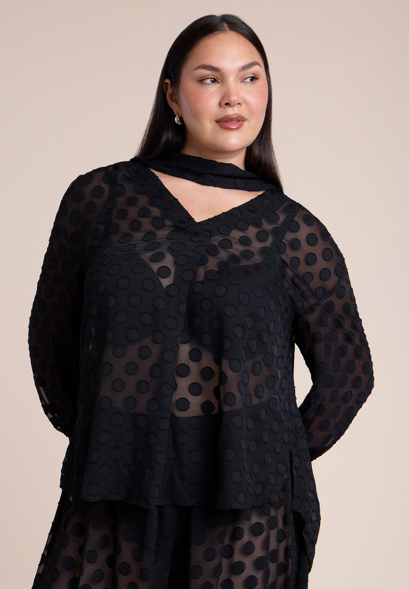 Sheer Polka Dot Blouse With Neck Tie image number 1