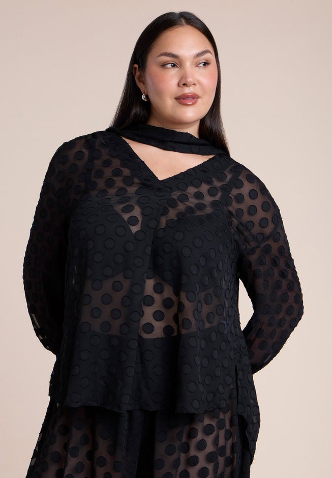 Sheer Polka Dot Blouse With Neck Tie image number 1