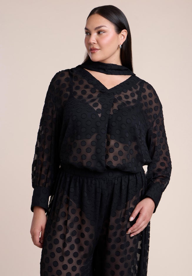 Sheer Polka Dot Blouse With Neck Tie image number 3