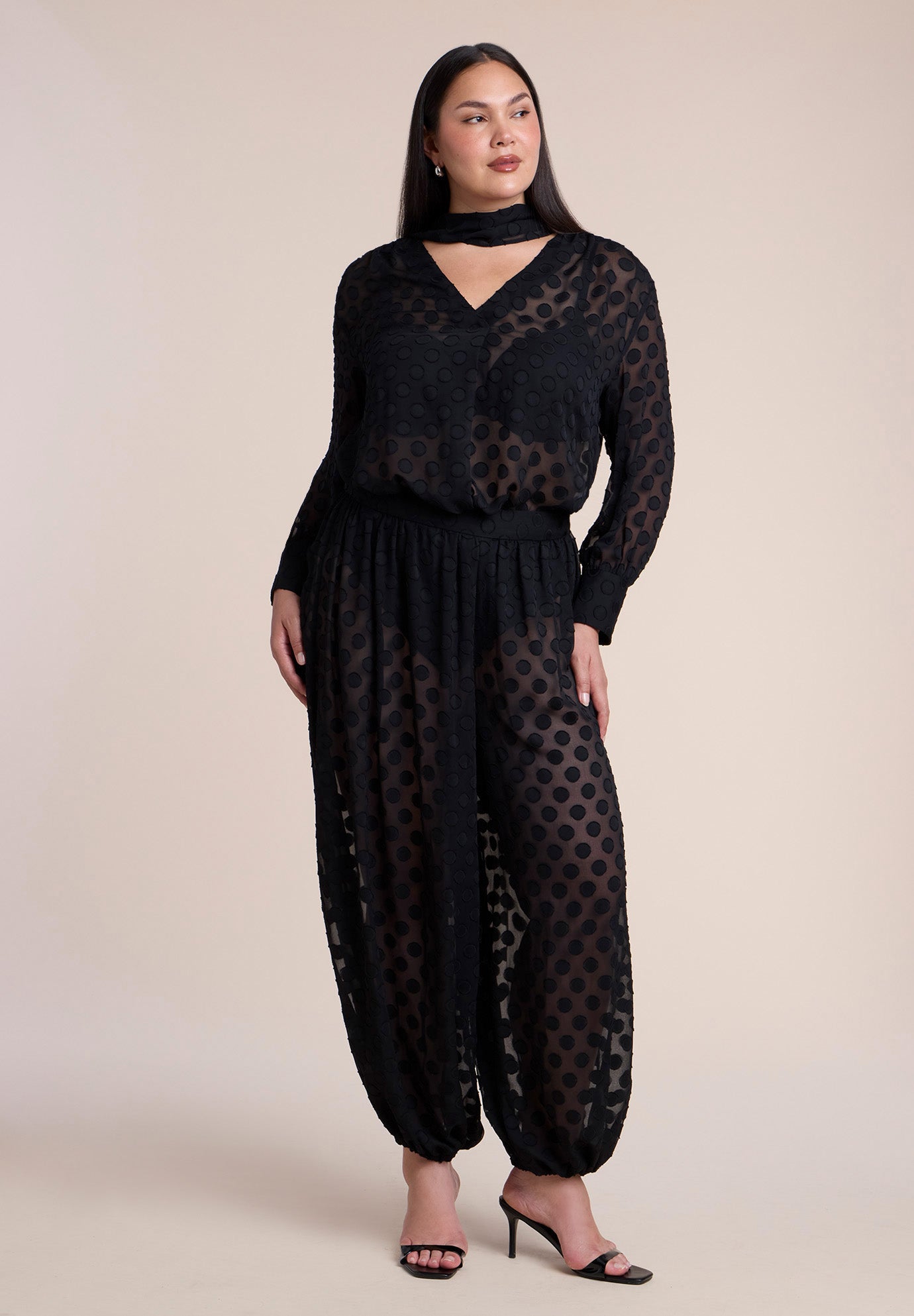 Sheer Polka Dot Blouse With Neck Tie image number 4