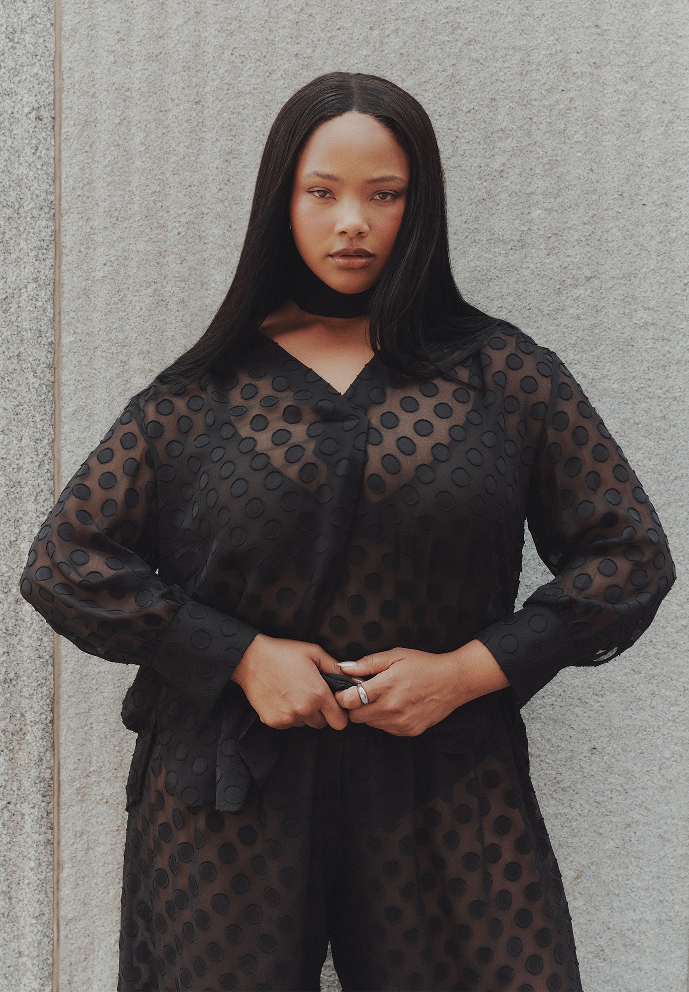 Sheer Polka Dot Blouse With Neck Tie image number 0