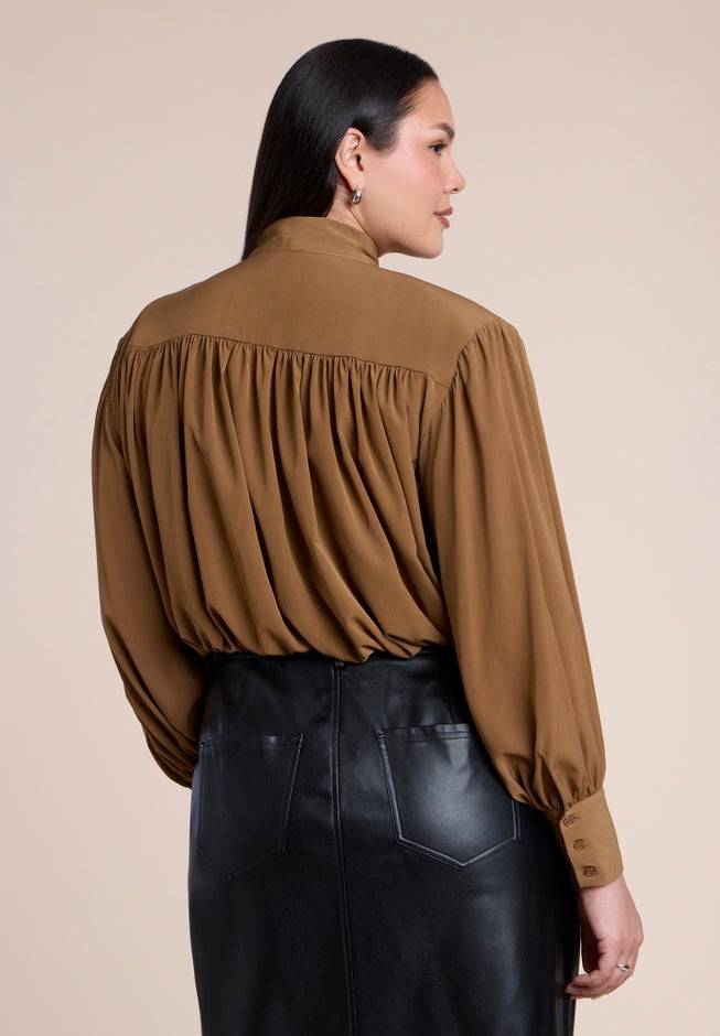 Power Shoulder Cropped Blouse With Neck Tie image number 1