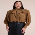 Power Shoulder Cropped Blouse With Neck Tie image number 0