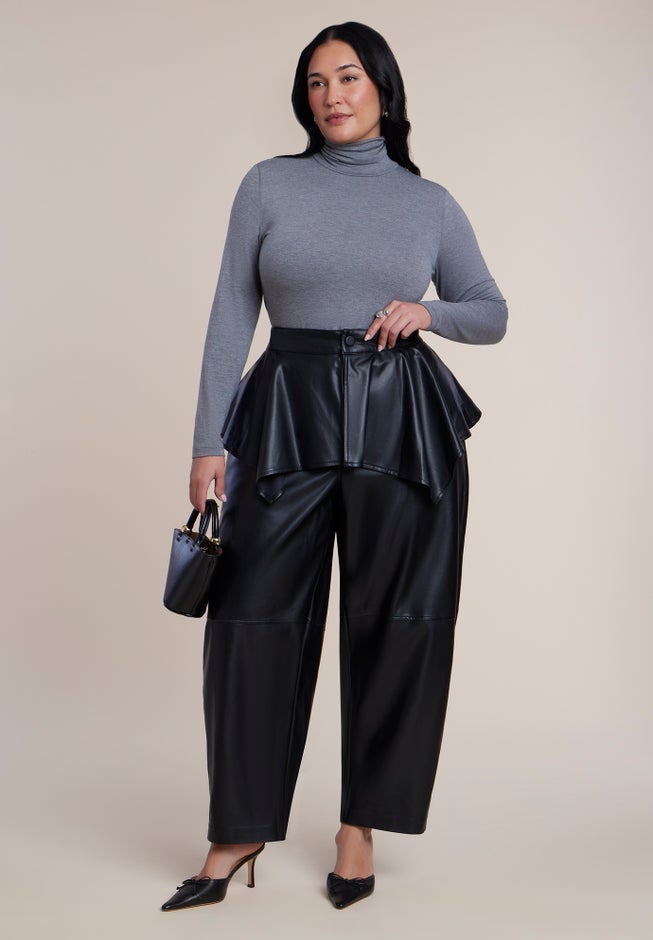 Peplum-Detail Faux Leather Barrel Pant image number 1