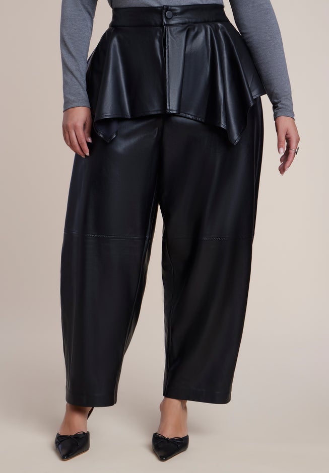 Peplum-Detail Faux Leather Barrel Pant image number 2