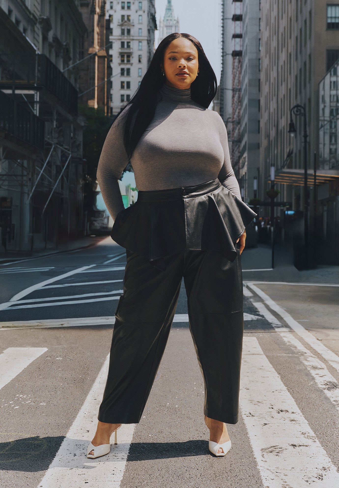 Peplum-Detail Faux Leather Barrel Pant image number 0