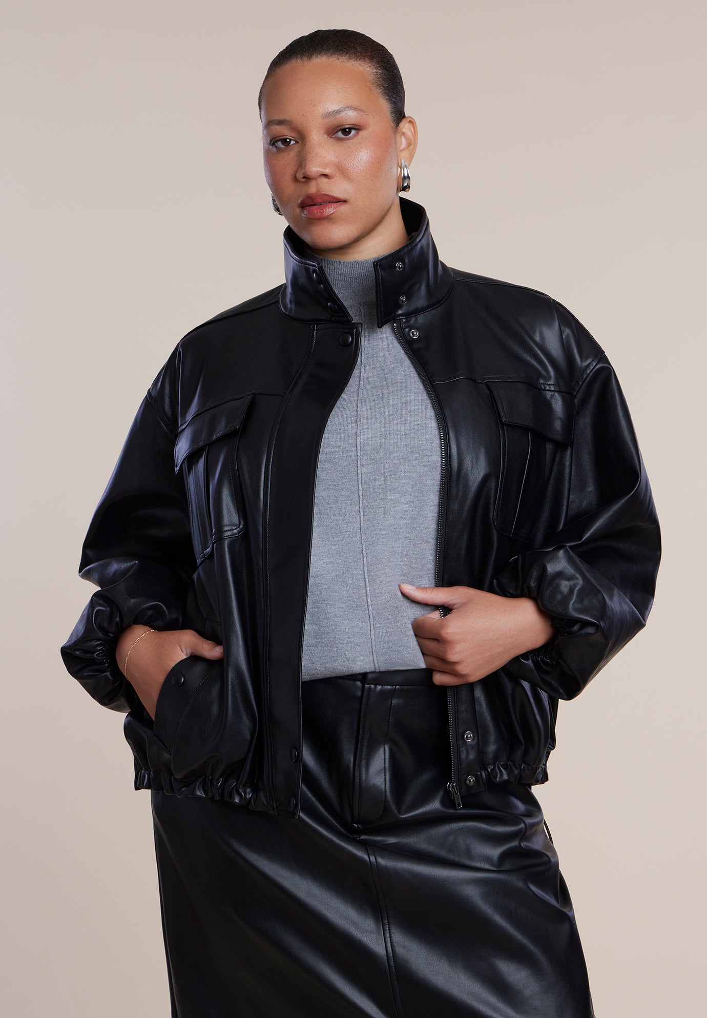 Faux Leather Funnel Neck Jacket image number 1